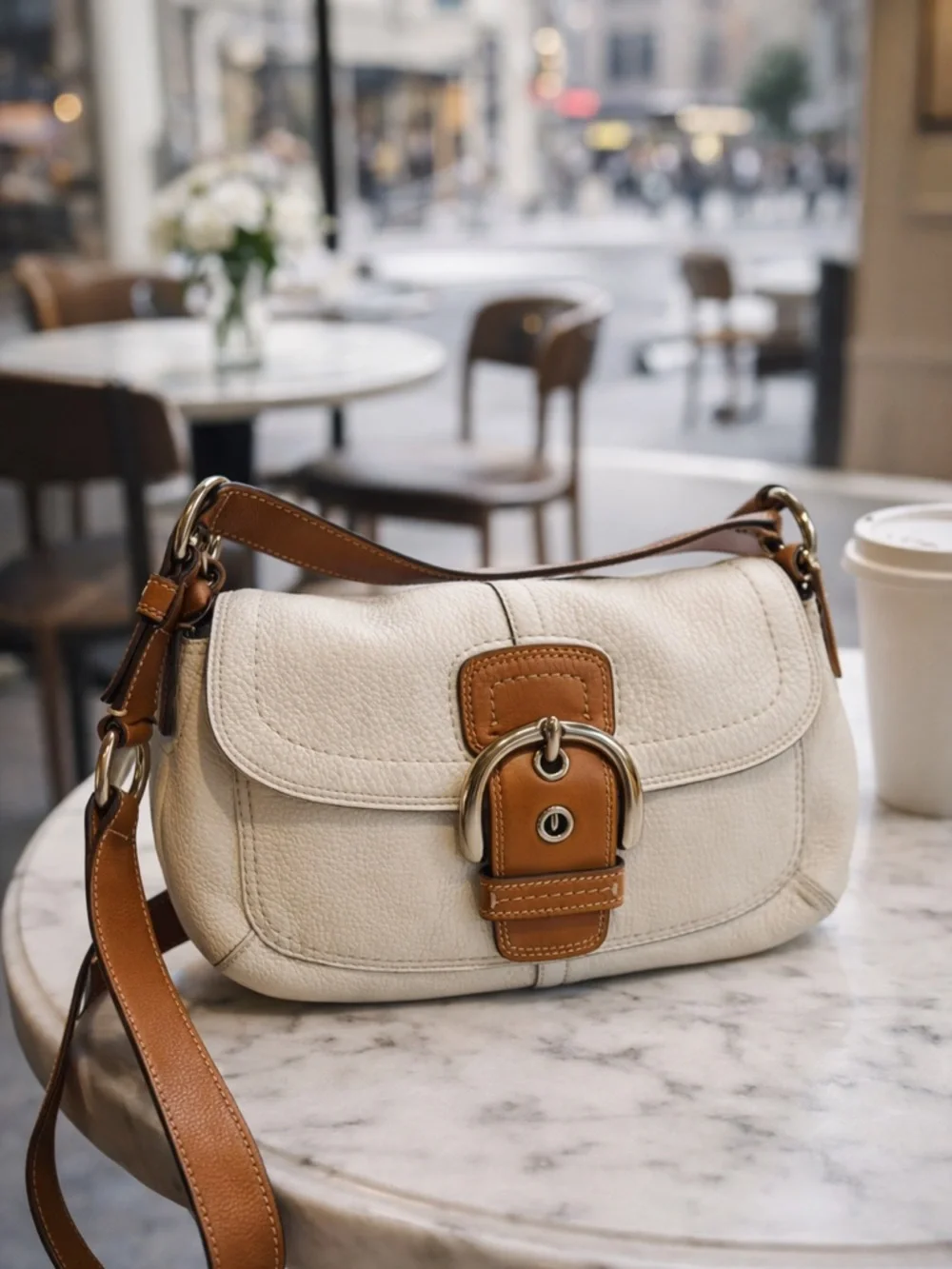 Coach Y2K Classic SOHO Cream Shoulder Bag with Tan Leather Trim - Picture 1 of 11